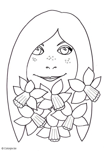 Kleurplaat Meisje met paasbloemen