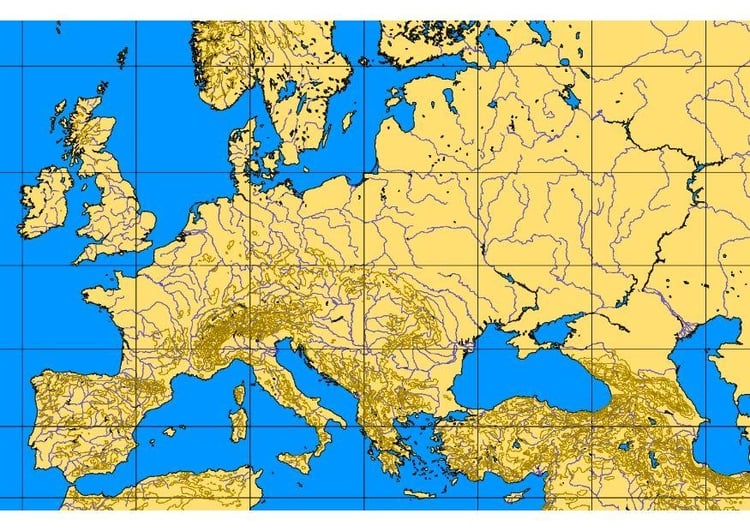 Afbeelding Europa met hoogtelijnen en rivieren
