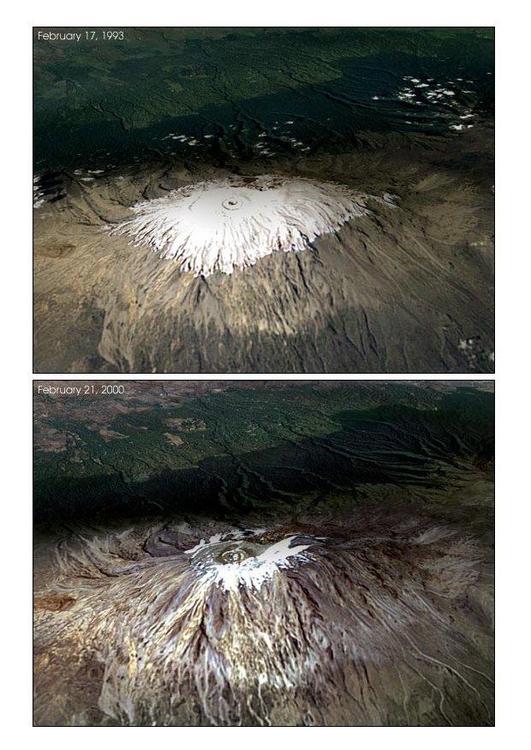 Kilimanjaro : gletsjer 1993 en 2000 - opwarming van de aarde.