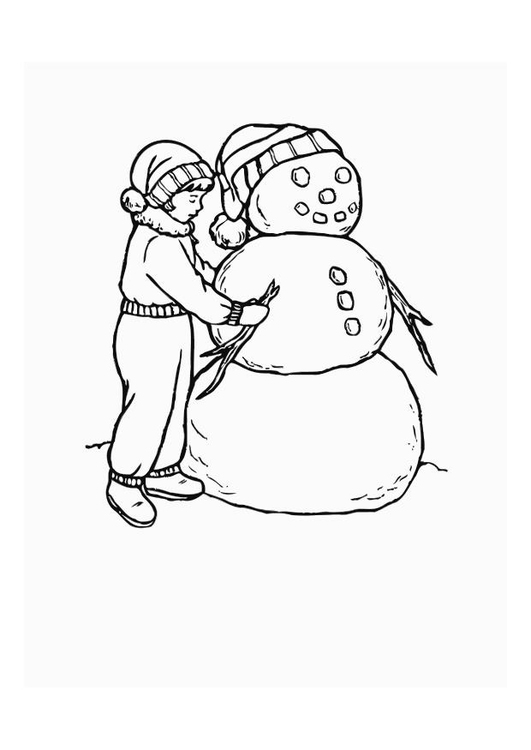 Kleurplaat jongen met sneeuwpop