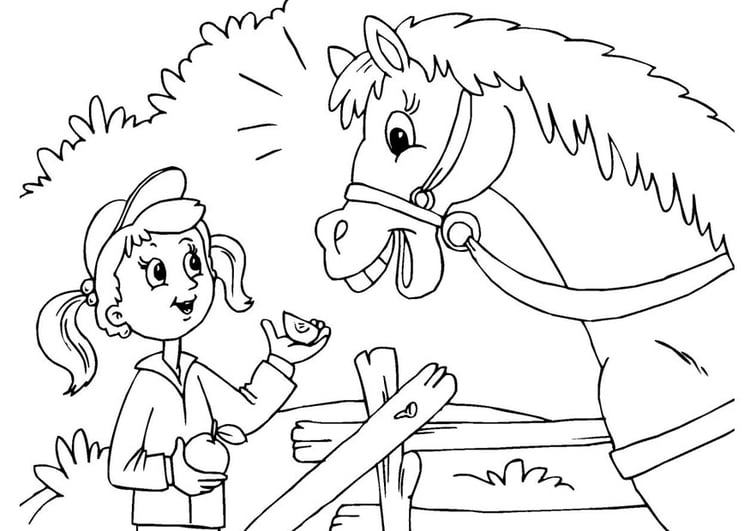 Kleurplaat paard en meisje