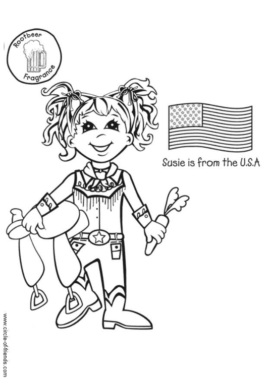 Kleurplaat Susie uit Amerika met vlag