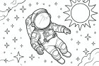 Kleurplaat astronaut in de ruimte met sterren en de zon