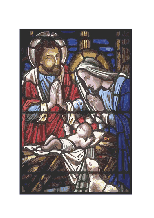 Afbeelding glasraam - geboorte van Jezus