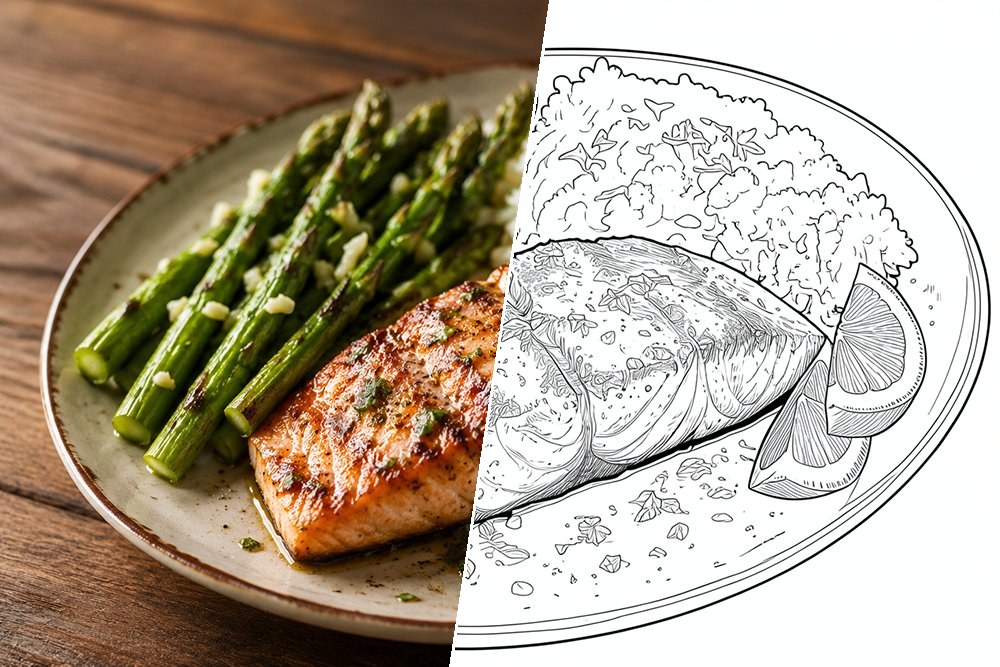 Kleurplaat van een foto van eten — voor en na