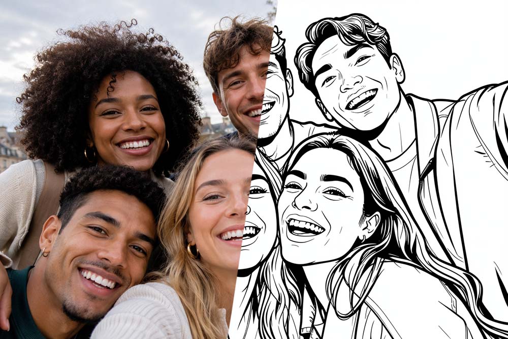 Kleurplaat van een groepsfoto met vrienden — voor en na
