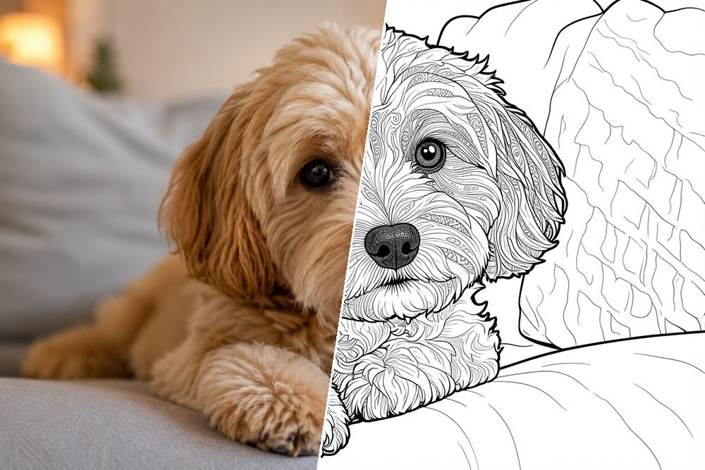 Kleurplaat van een foto van een hond — voor en na