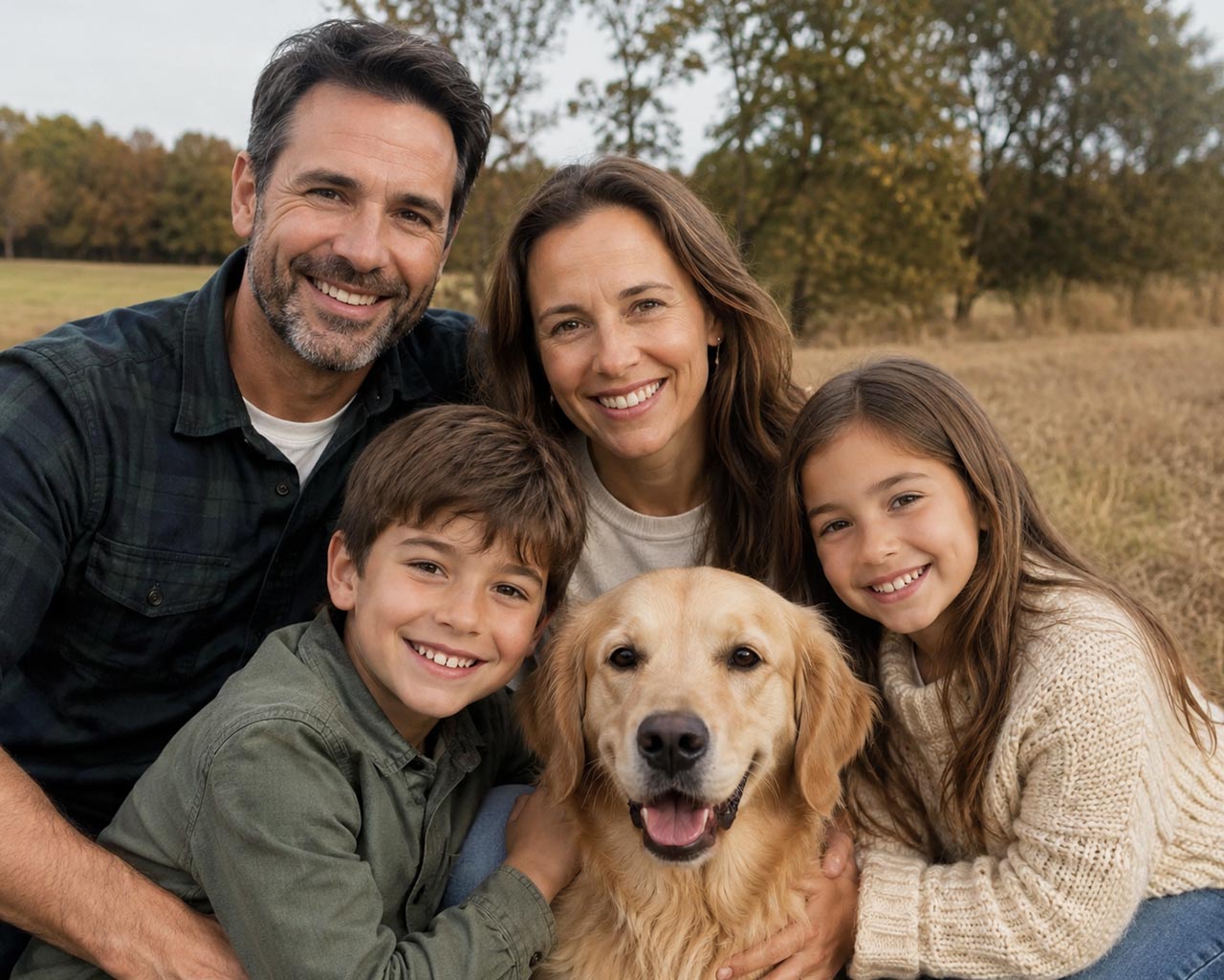 Originele kleurenfoto van een gezin met hond