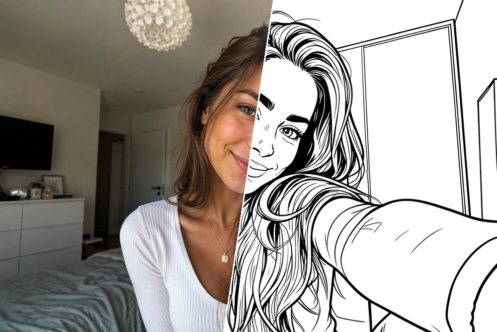 Kleurplaat van een selfie — voor en na