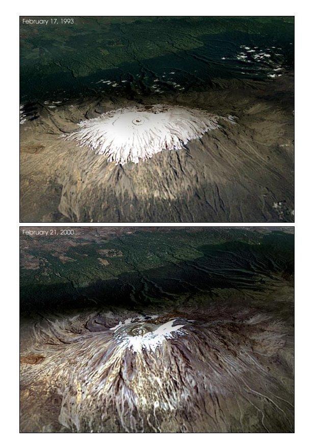 Foto kilimanjaro : gletsjer 1993 en 2000 - opwarming van de aarde.