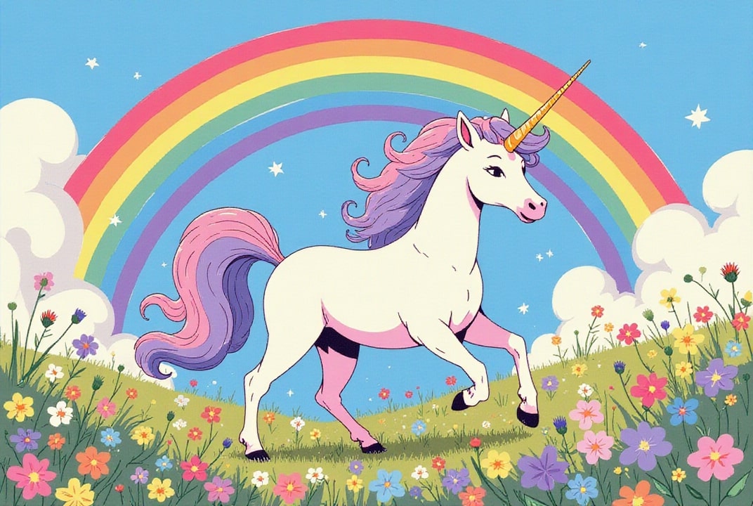 Afbeelding eenhoorn bij regenboog