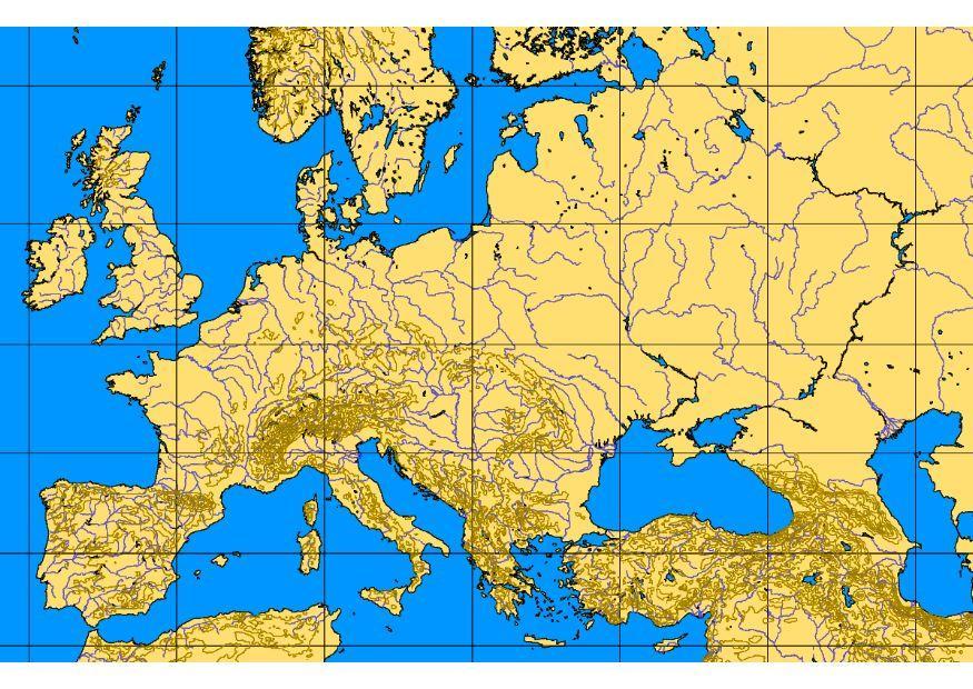Afbeelding europa met hoogtelijnen en rivieren