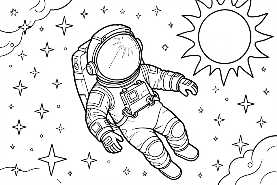 astronaut in de ruimte met sterren en de zon Kleurplaat astronaut in de ruimte met sterren en de zon