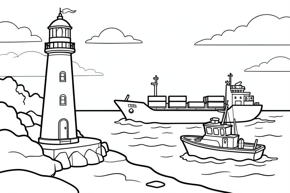 een vuurtoren in de haven met schepen op zee Kleurplaat een vuurtoren in de haven met schepen op zee