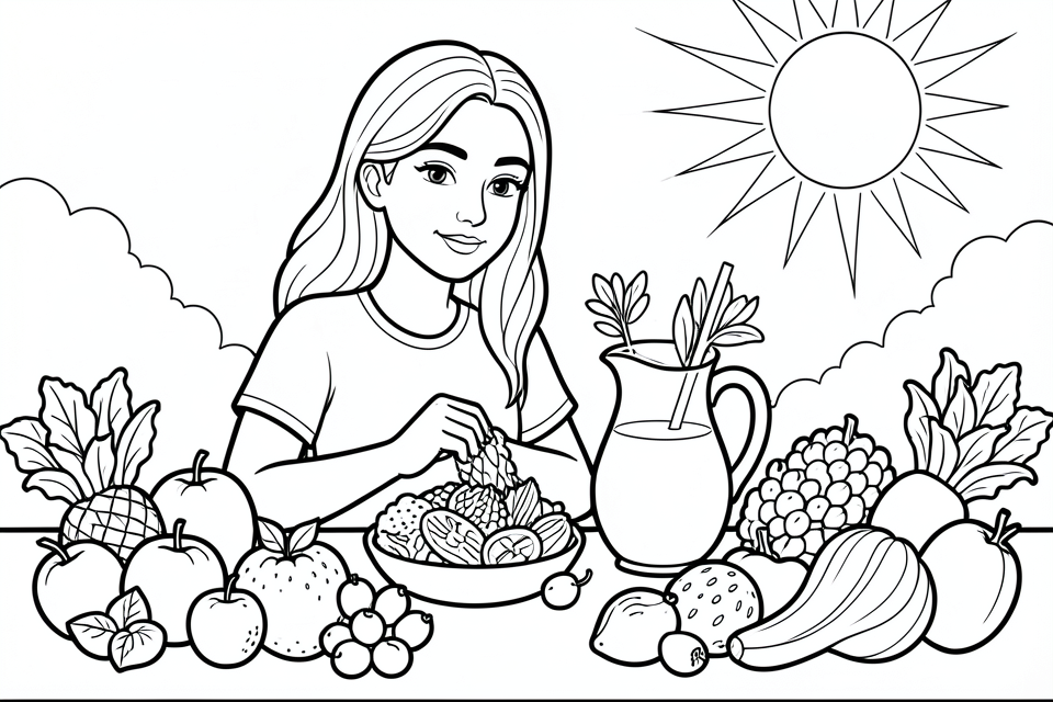 fruit en groenten op een zomerse dag Kleurplaat fruit en groenten op een zomerse dag