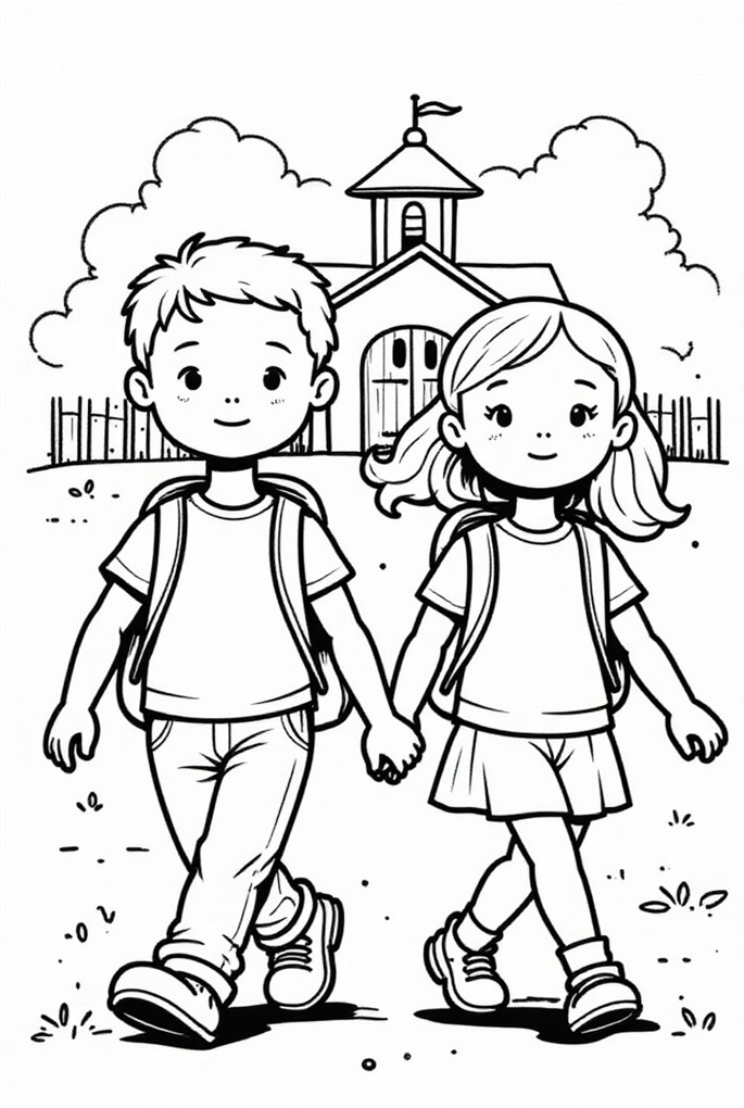 jongen en meisje bij de school Kleurplaat jongen en meisje bij de school
