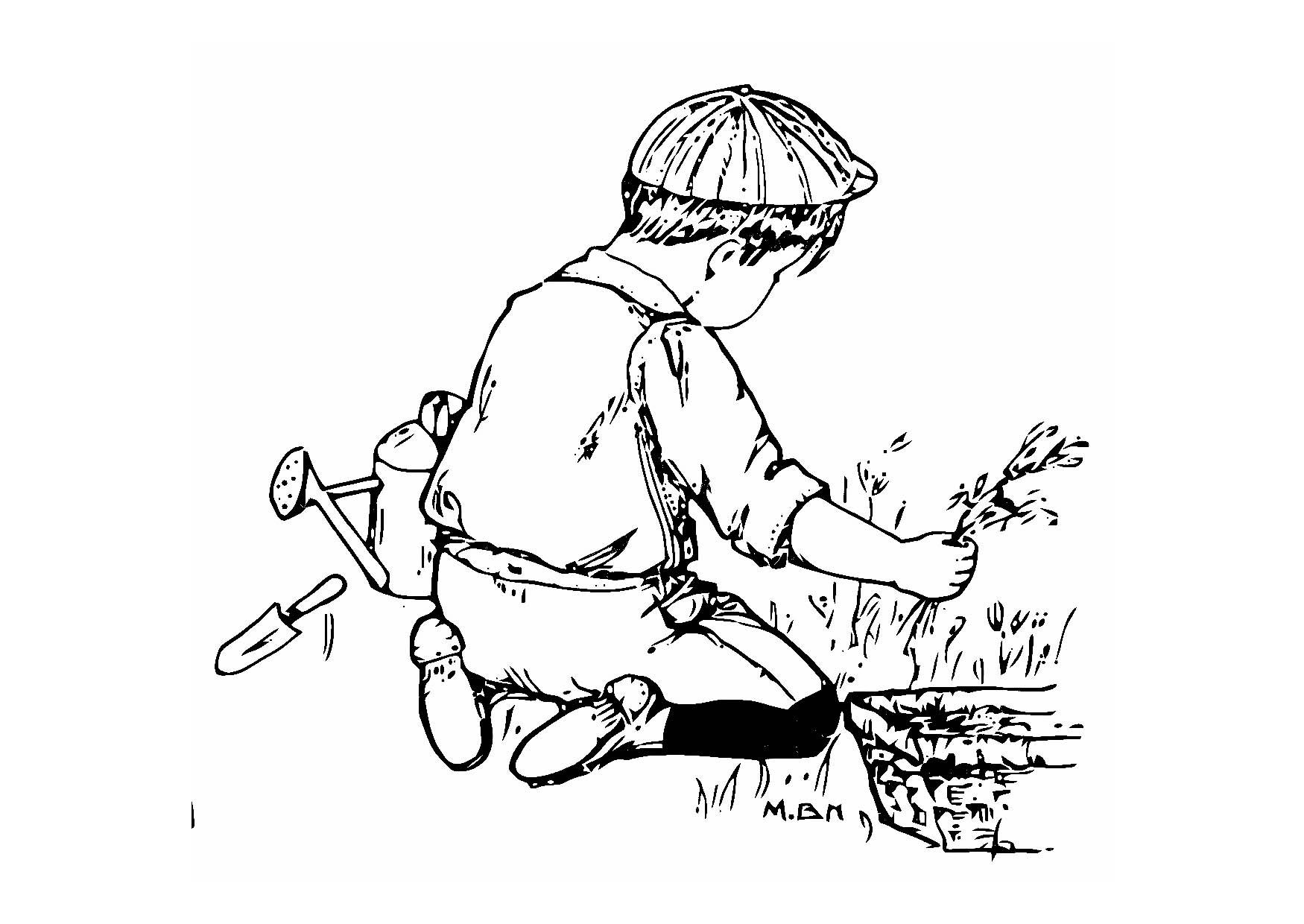jongen in de tuin Kleurplaat jongen in de tuin