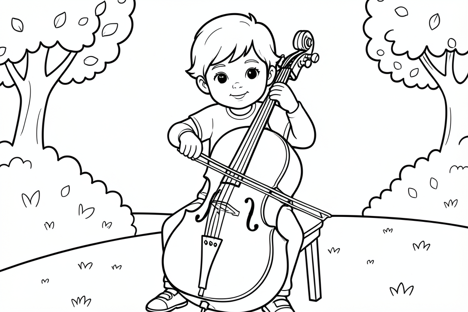 Kleurplaat jongen speelt cello