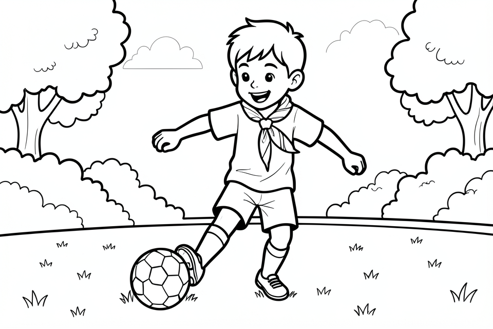 jongen speelt voetbal in het park Kleurplaat jongen speelt voetbal in het park