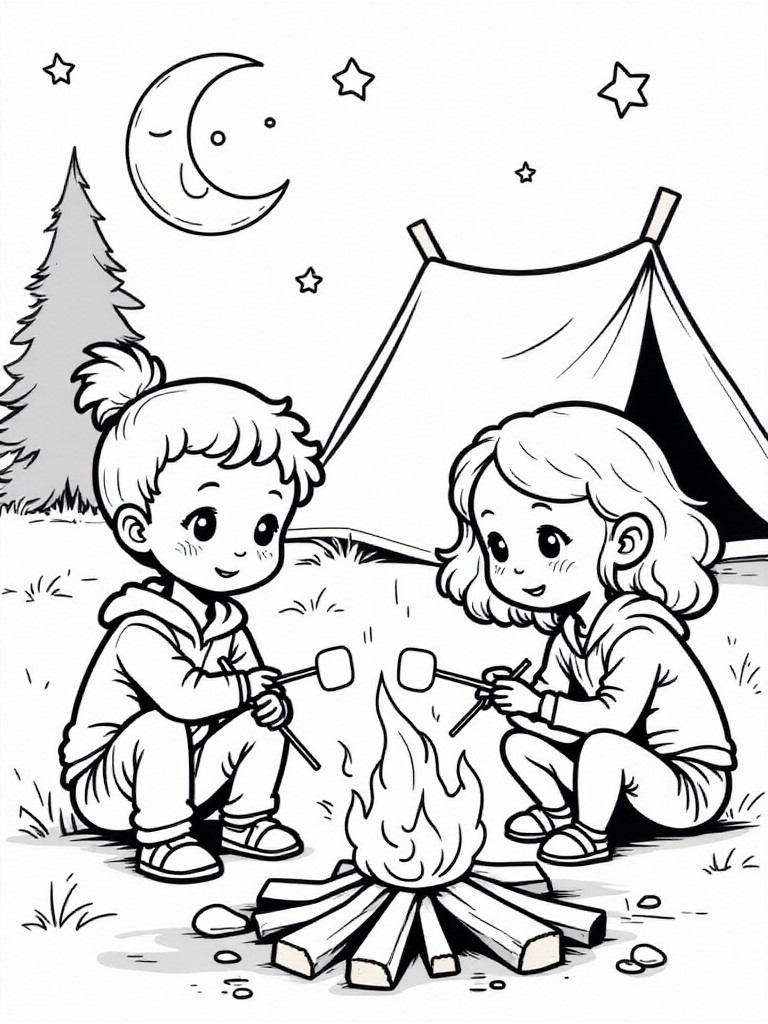 Kleurplaat kampvuur met marshmellows