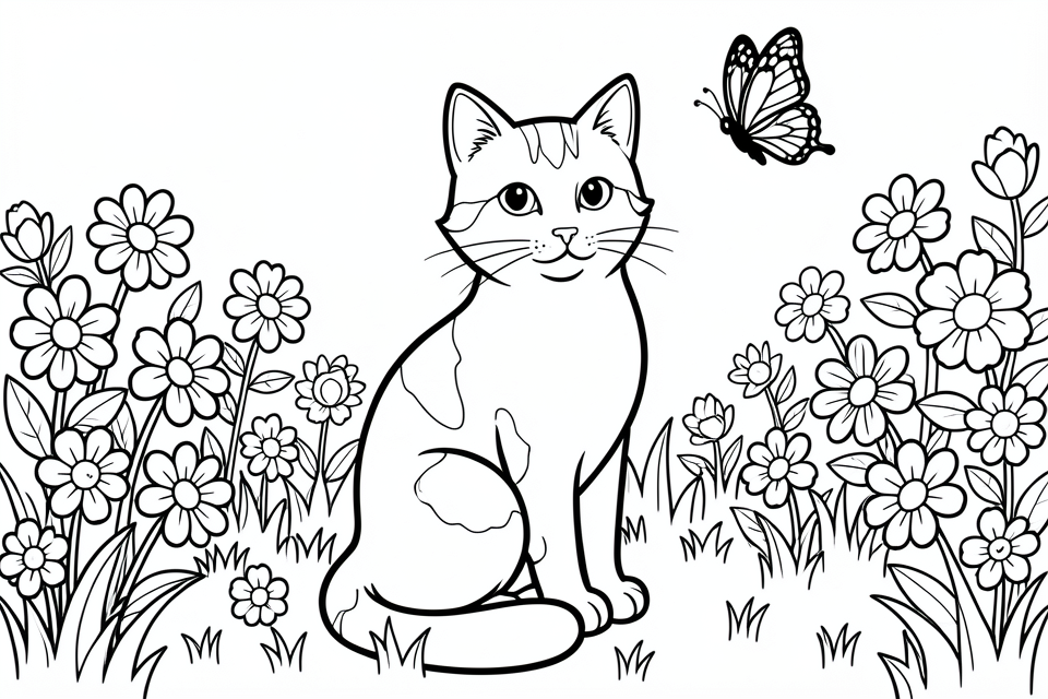 Kleurplaat kat in de tuin