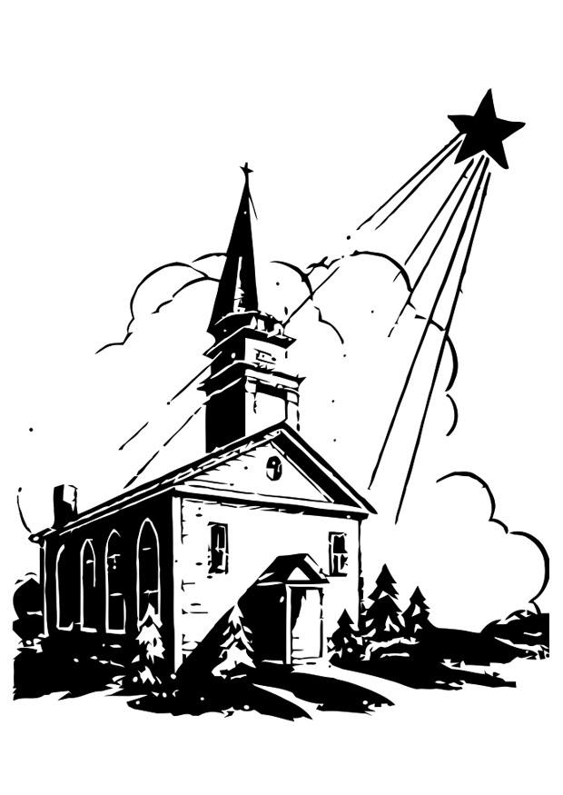 kerk met kerstster Kleurplaat kerk met kerstster