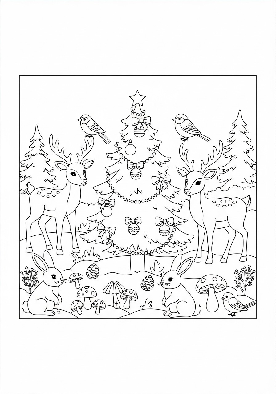 Kleurplaat kerst in het bos