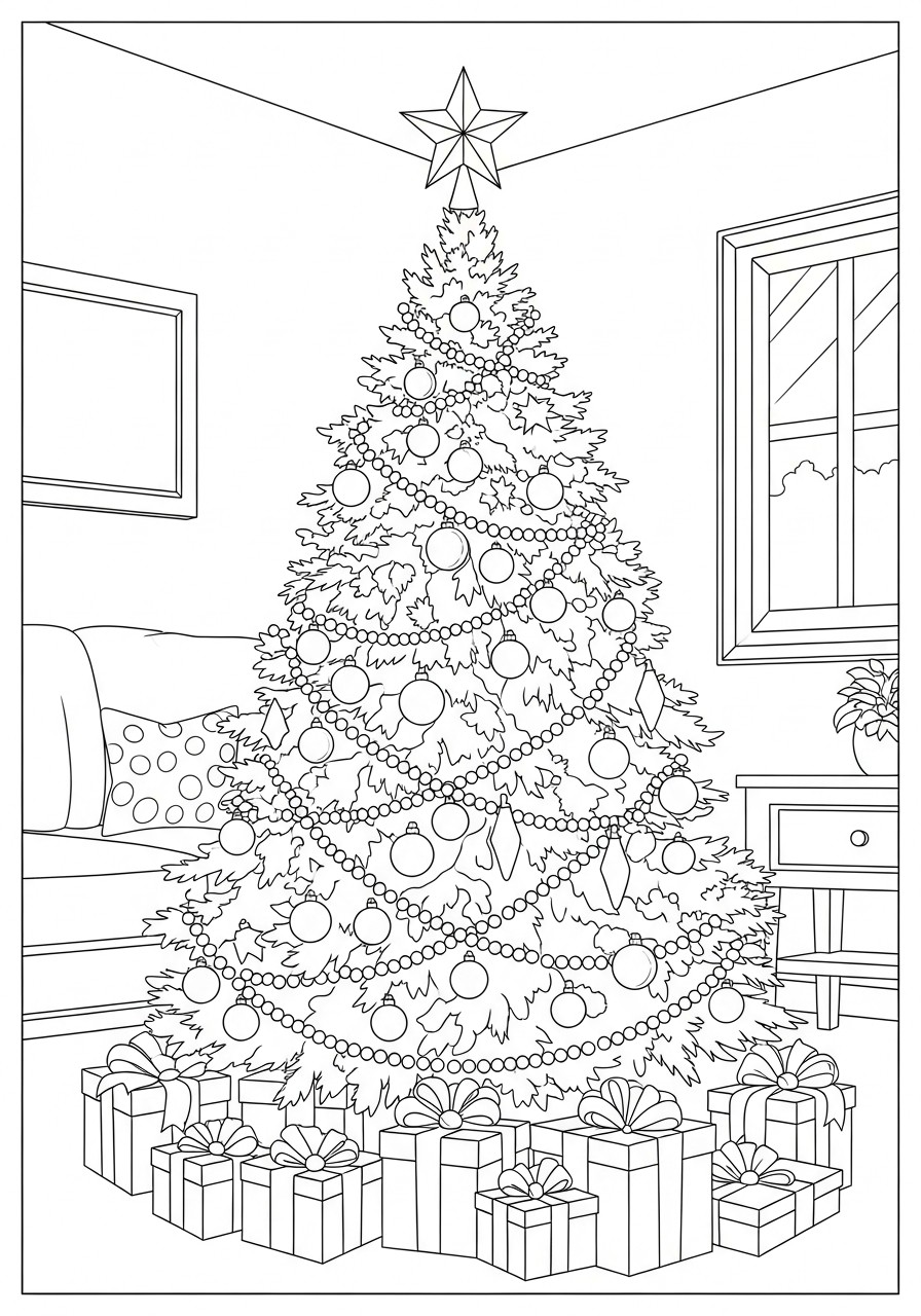 kerstboom in de woonkamer Kleurplaat kerstboom in de woonkamer