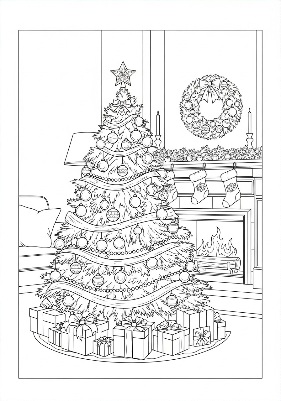 kerstboom met kerstsokken Kleurplaat kerstboom met kerstsokken