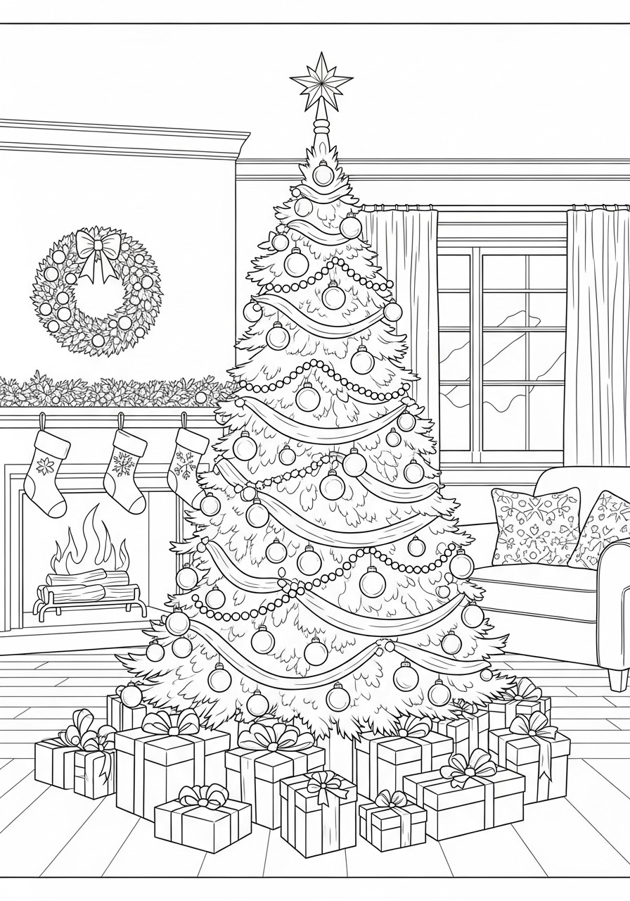 kerstboom met pakjes Kleurplaat kerstboom met pakjes