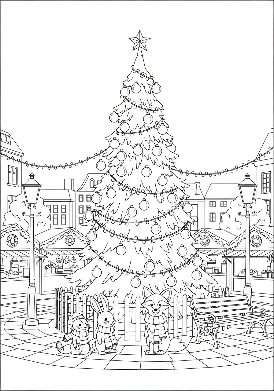 kerstboom op de kerstmarkt Kleurplaat kerstboom op de kerstmarkt