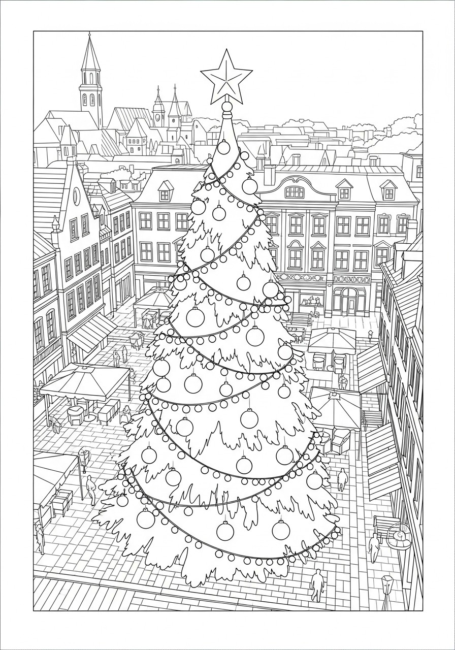 kerstboom op het plein Kleurplaat kerstboom op het plein