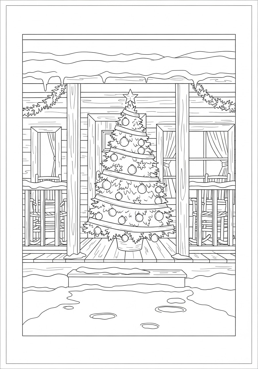 kerstboom op het terras Kleurplaat kerstboom op het terras