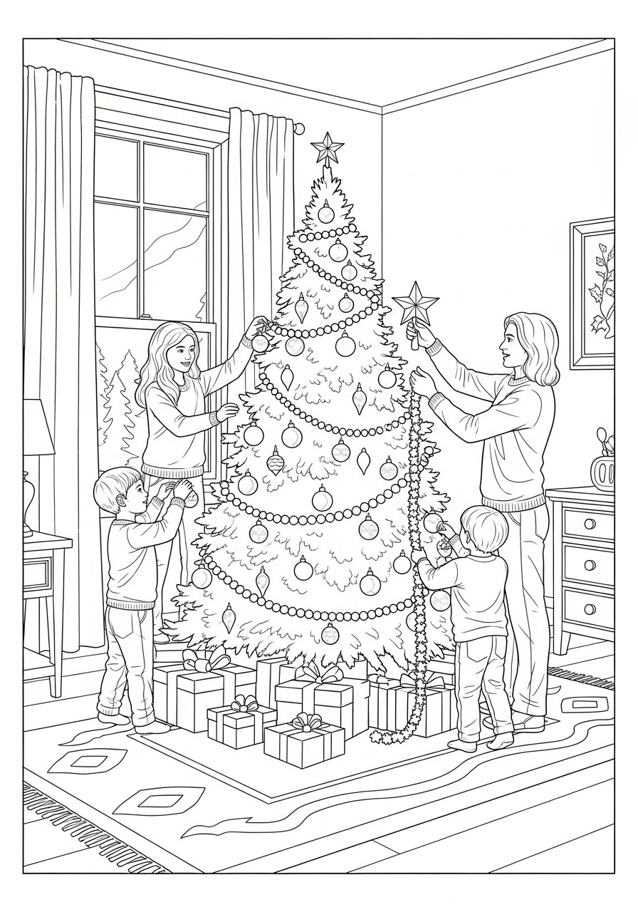 kerstboom zetten met familie Kleurplaat kerstboom zetten met familie