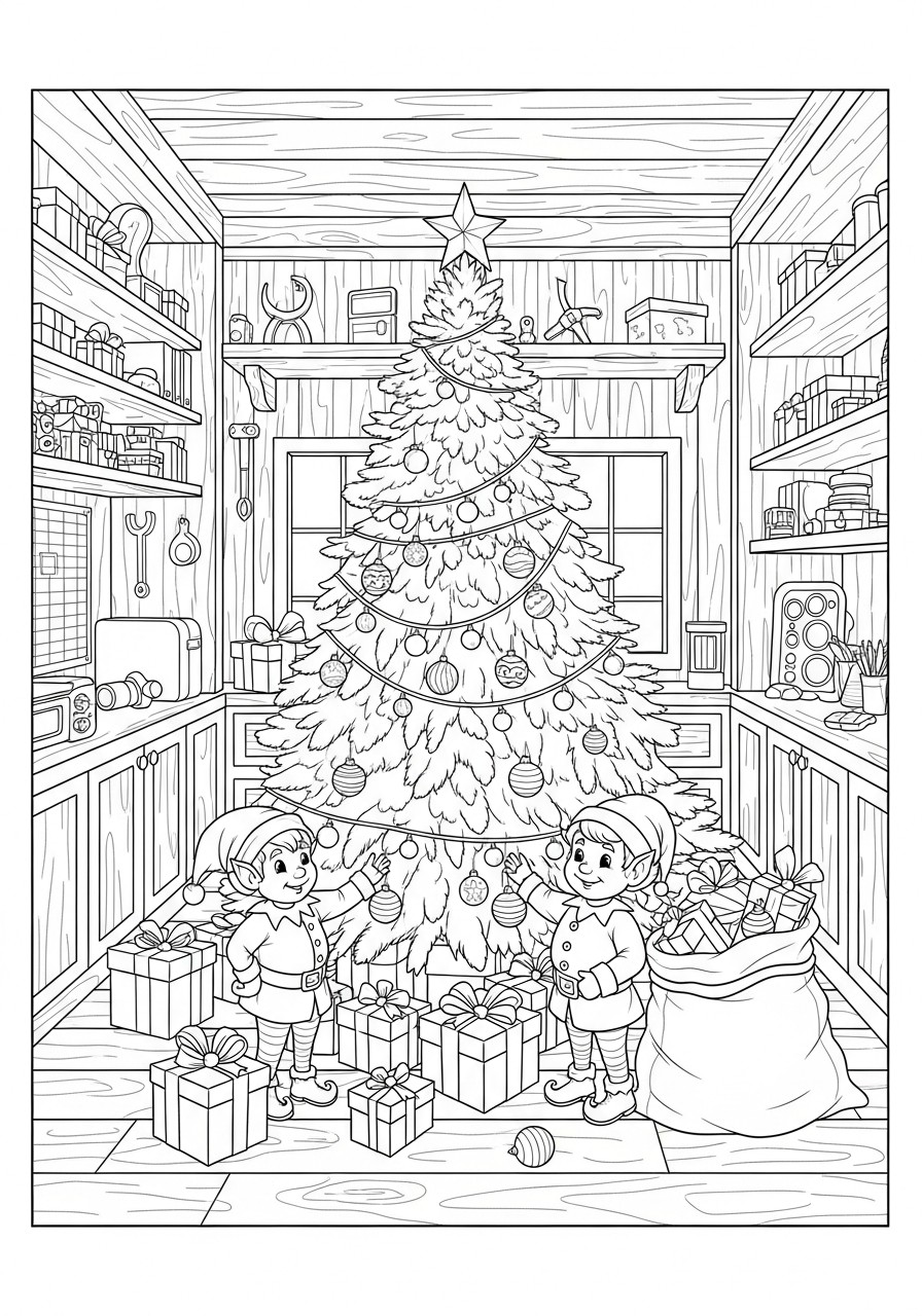 kerstelfen bij de kerstboom Kleurplaat kerstelfen bij de kerstboom