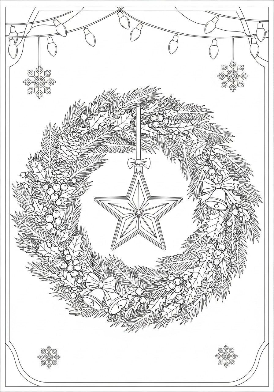 kerstkrans met ster Kleurplaat kerstkrans met ster