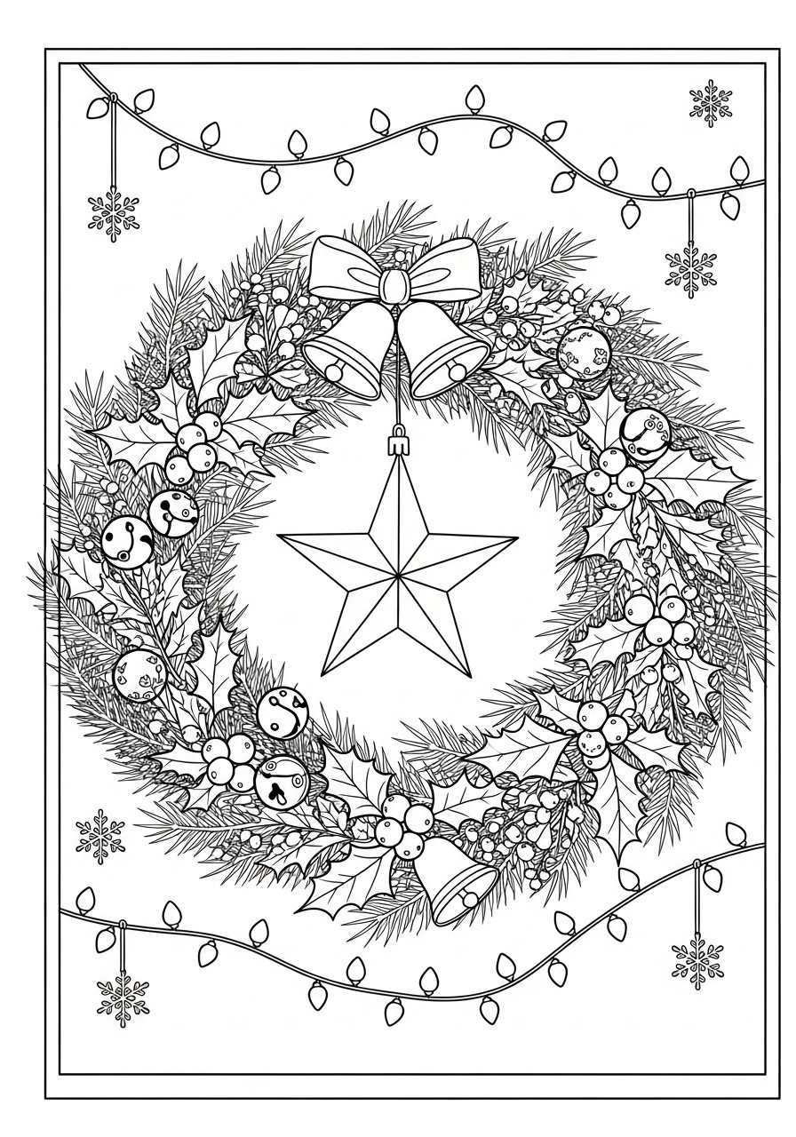 kerstkrans met ster Kleurplaat kerstkrans met ster