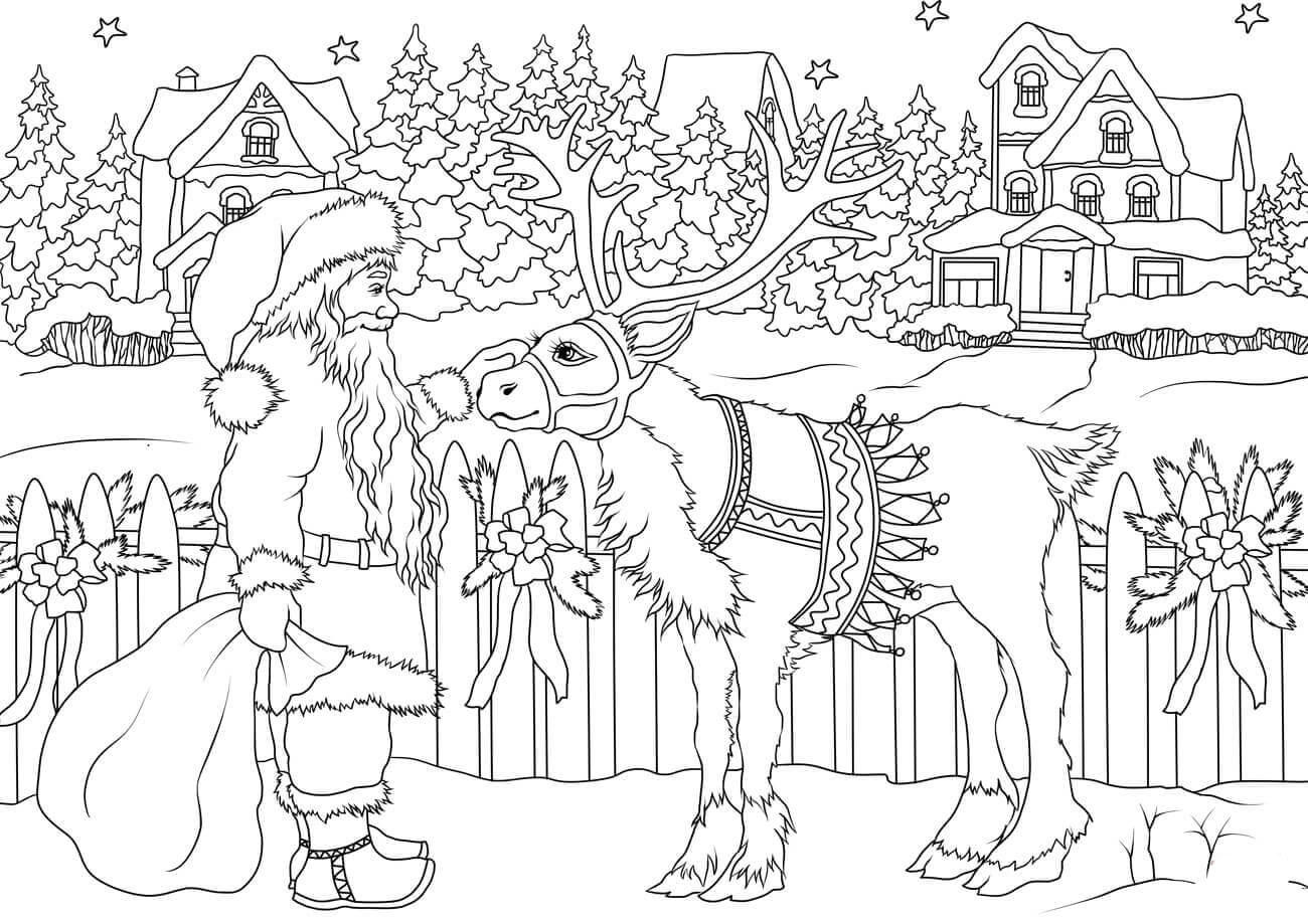 kerstman met rendier Kleurplaat kerstman met rendier