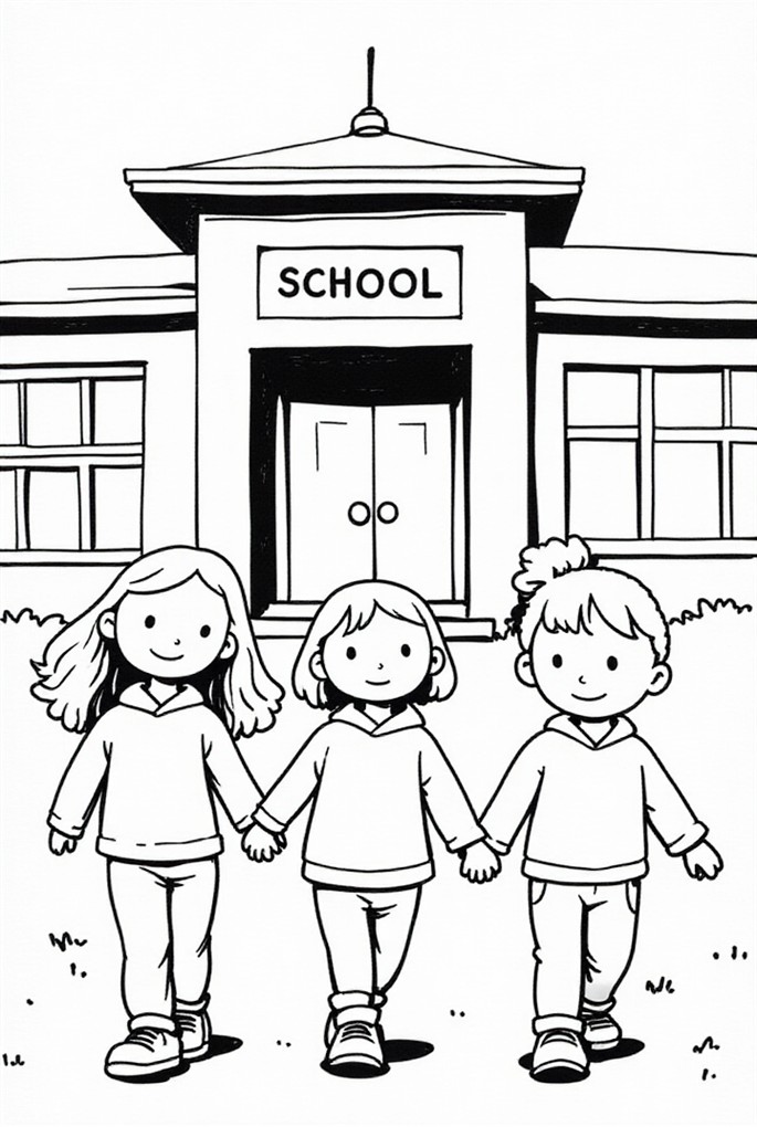 kinderen bij de school Kleurplaat kinderen bij de school