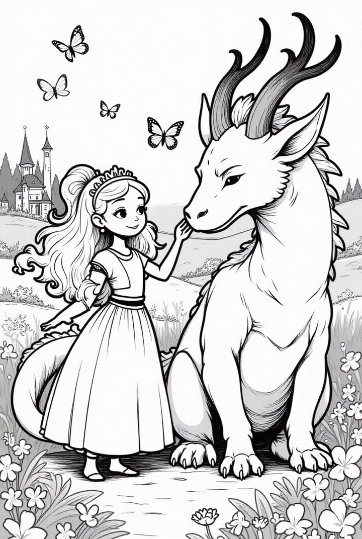 kleine princes met haar draak Kleurplaat kleine princes met haar draak