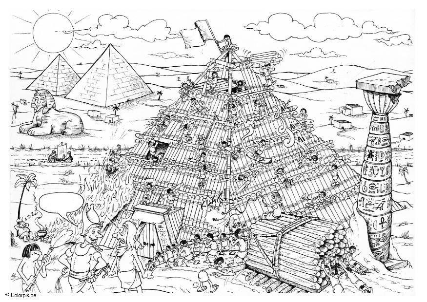 Kleurplaat bouwen van de piramide