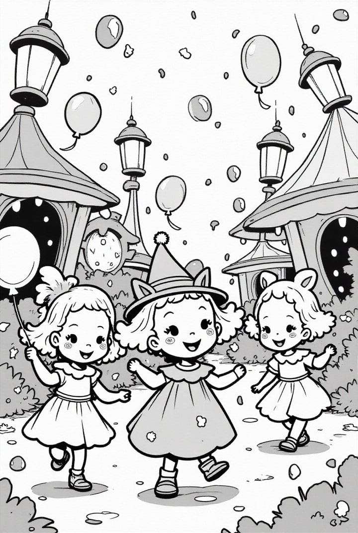 Kleurplaat carnavalsfeest bij tenten