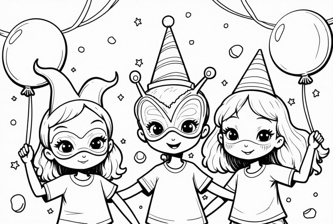 Kleurplaat carnavalsfeest met de vrienden