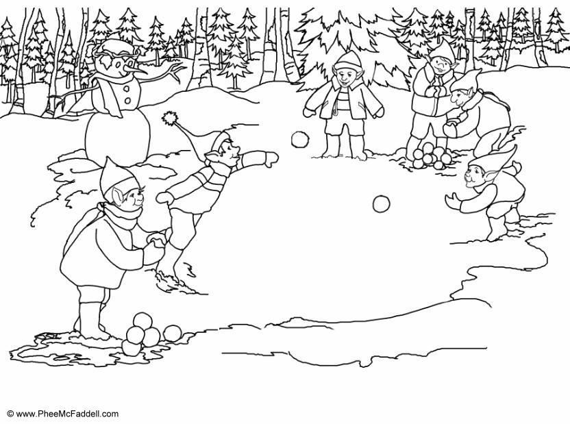 Kleurplaat elfjes - sneeuwballen gooien