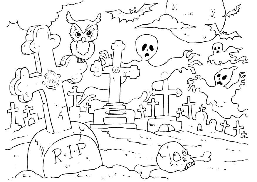 Kleurplaat halloween kerkhof