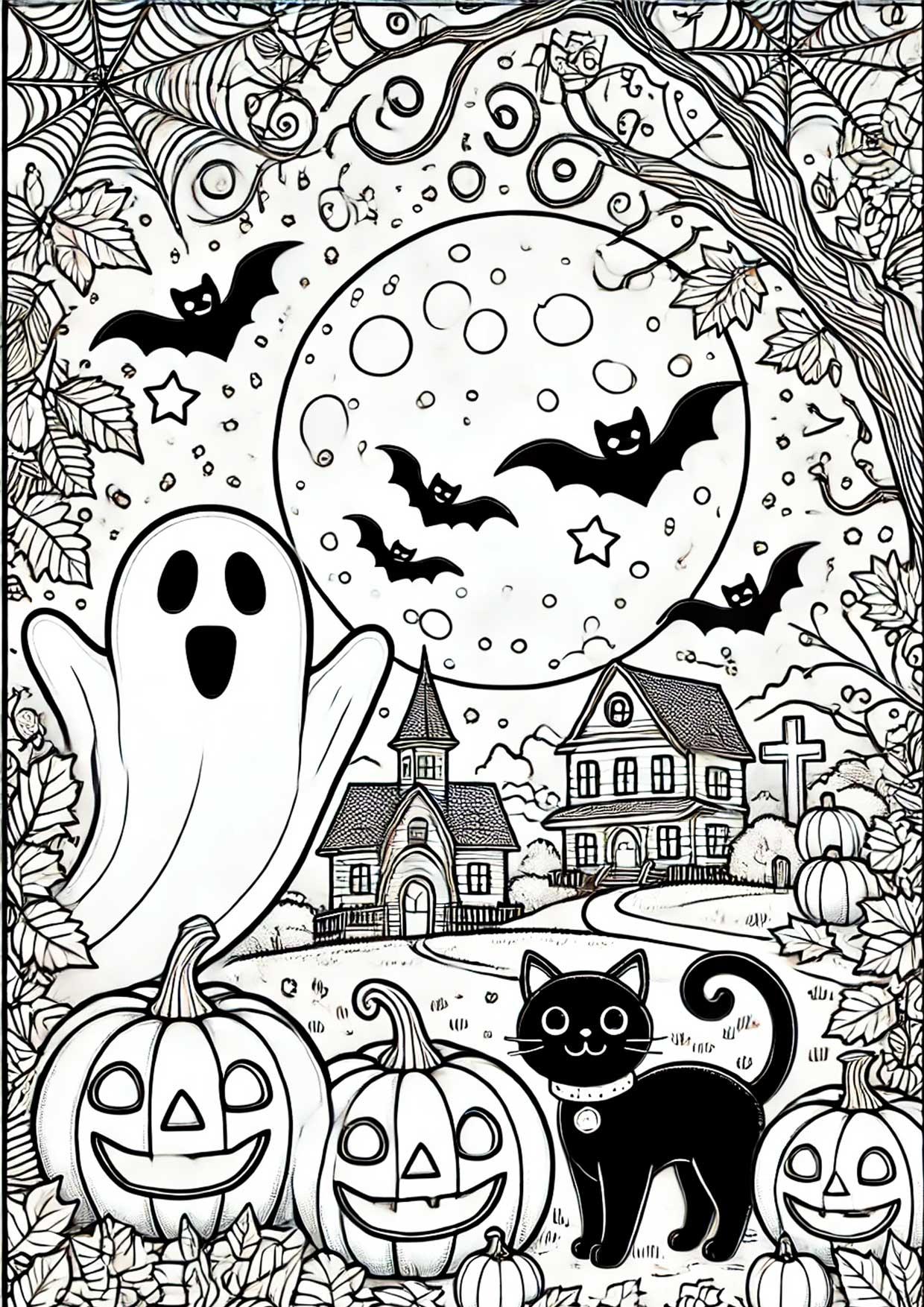 Kleurplaat halloween-landschap