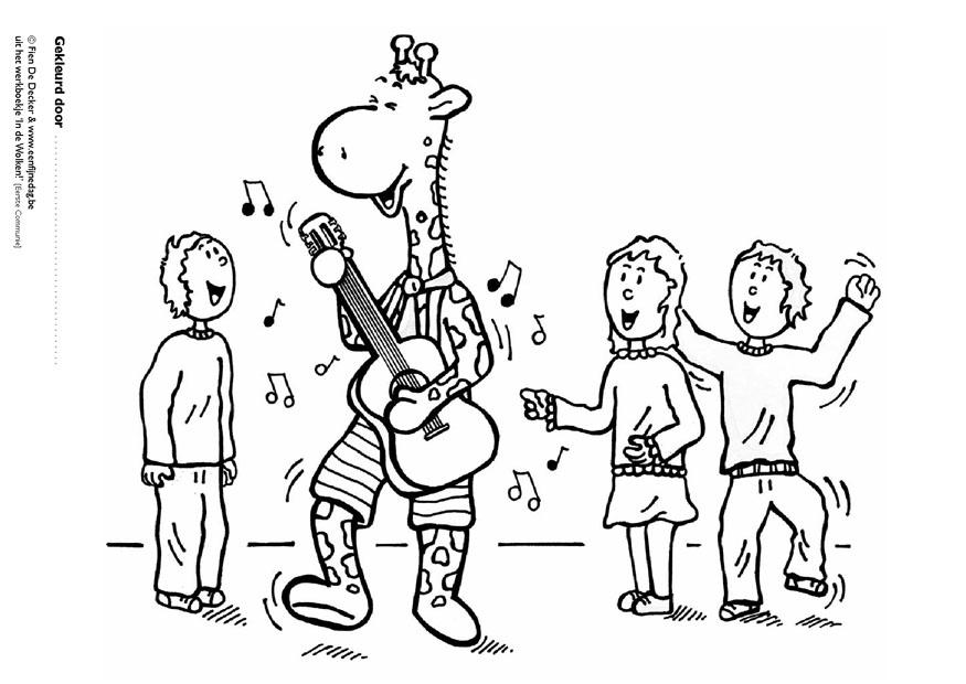 Kleurplaat juul en zijn vrienden spelen muziek