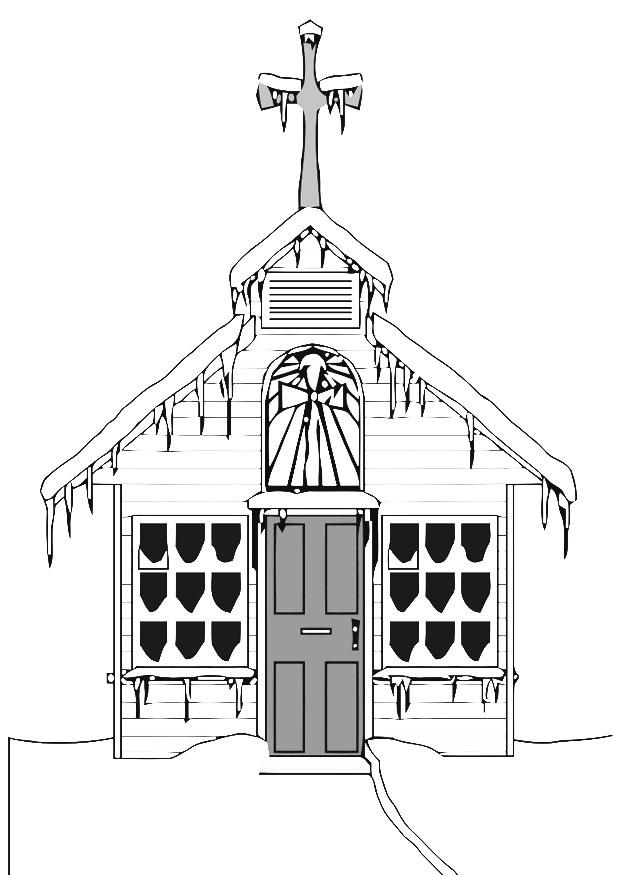Kleurplaat kerk in de winter 