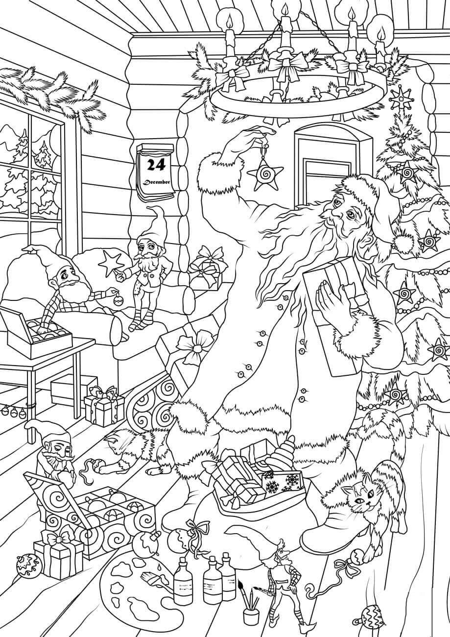 Kleurplaat kerstman en elfen kiezen pakjes