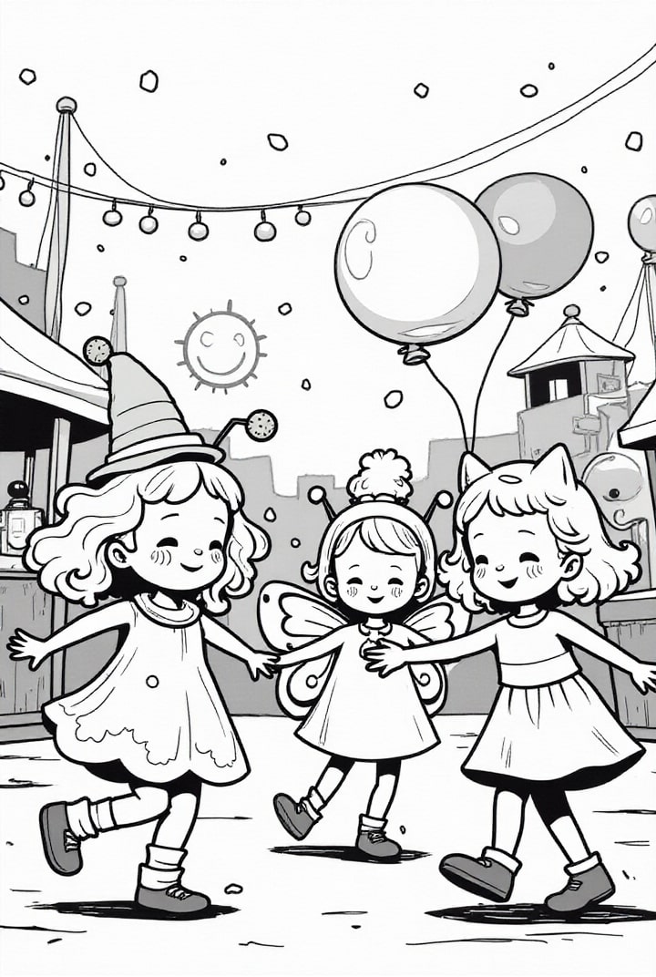 Kleurplaat kinderen met ballonnen vieren carnaval